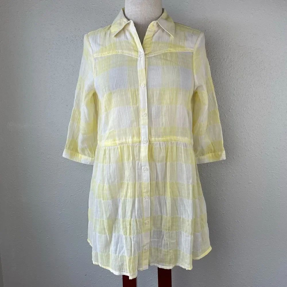 NWT Love Fire Button Down Yellow and White Sheer Top Size M